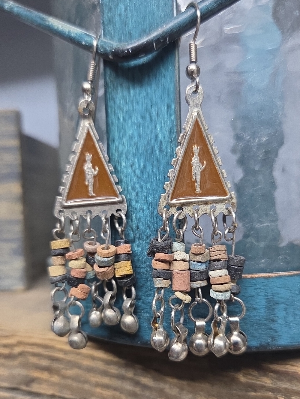 Vintage Southwestern Enameled Triangle Fringe Dangle Earrings Boho